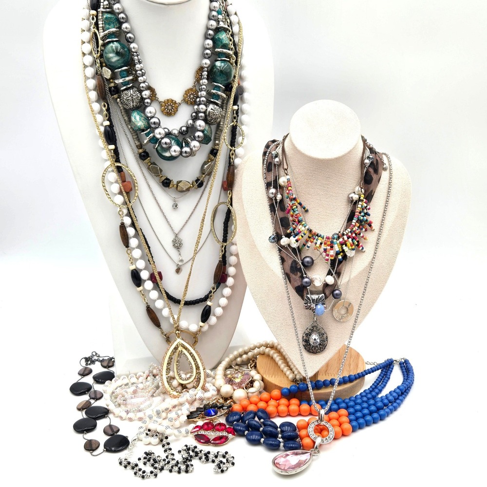 Fashion Jewelry Necklace Lot of Statement Boho Beaded Pearl Tone 22pc Assorted